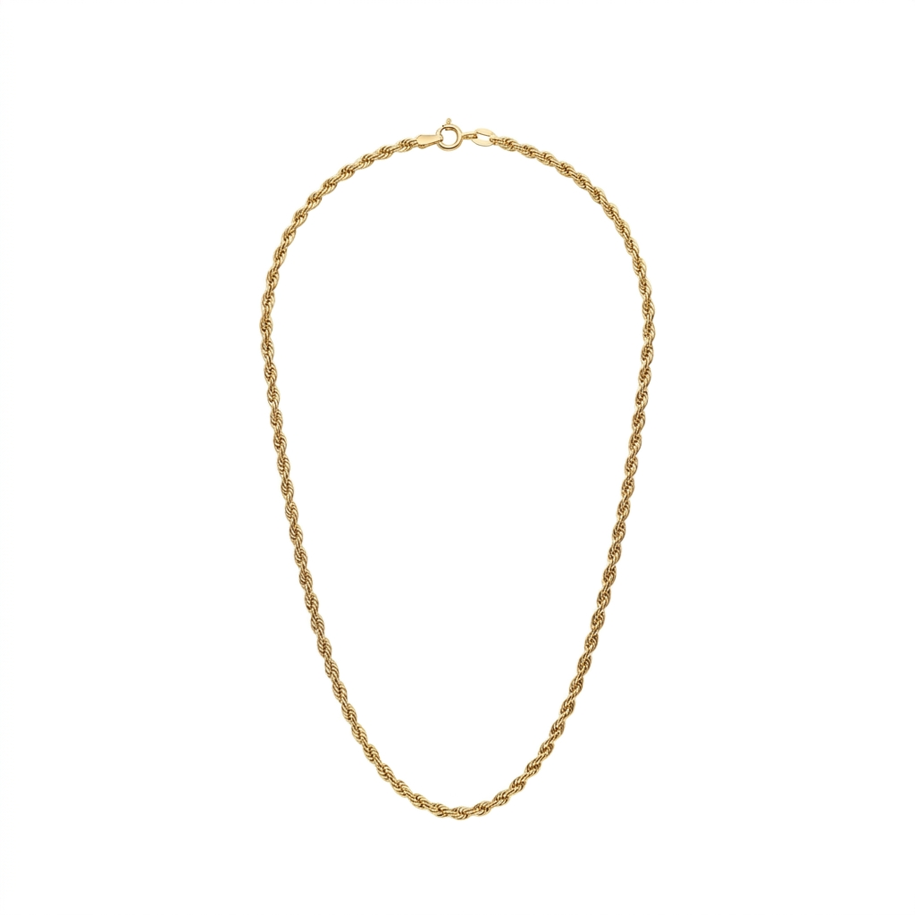 3mm gold rope chain shown with its lobster clasp