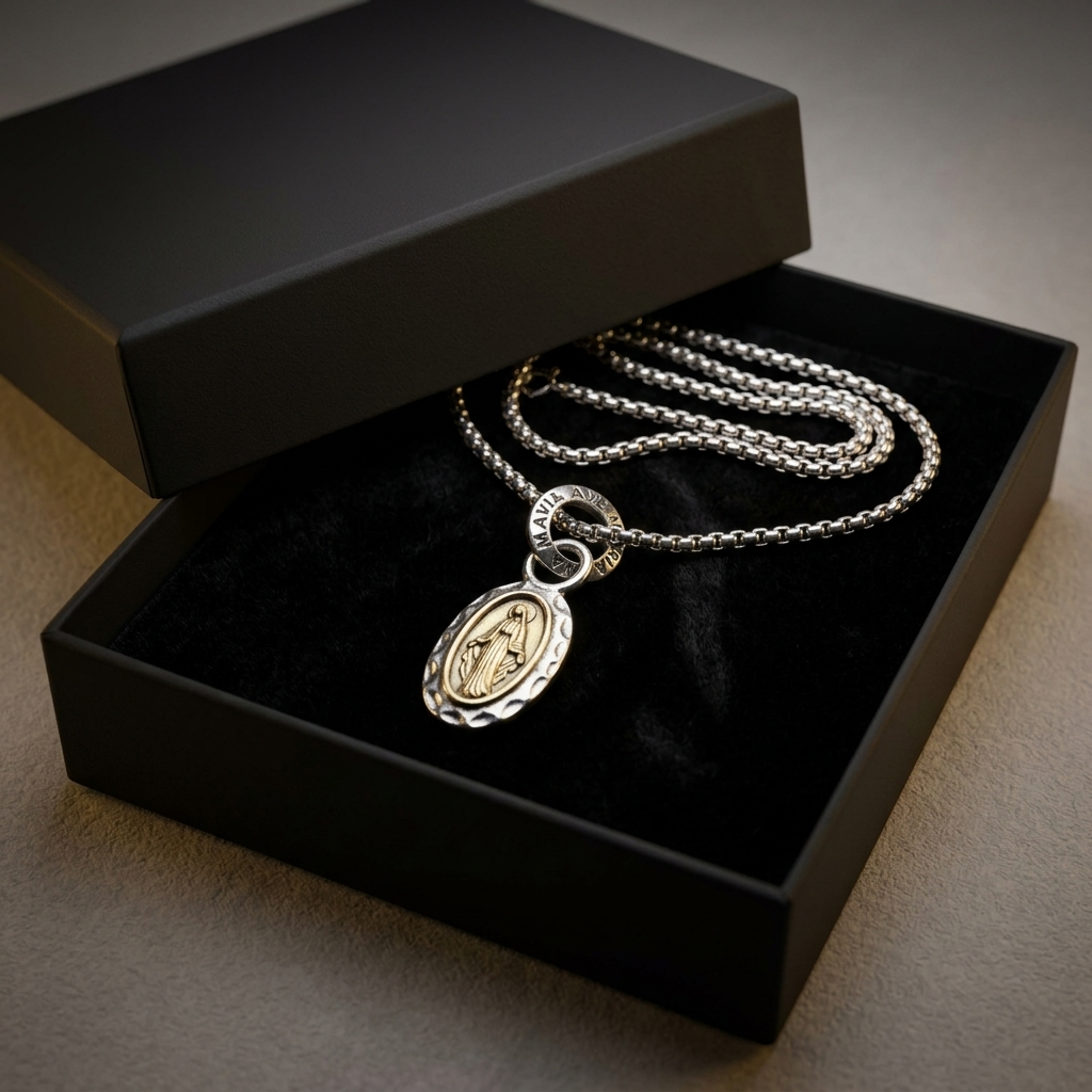 Catholic medal pendant necklace presented in a gift box