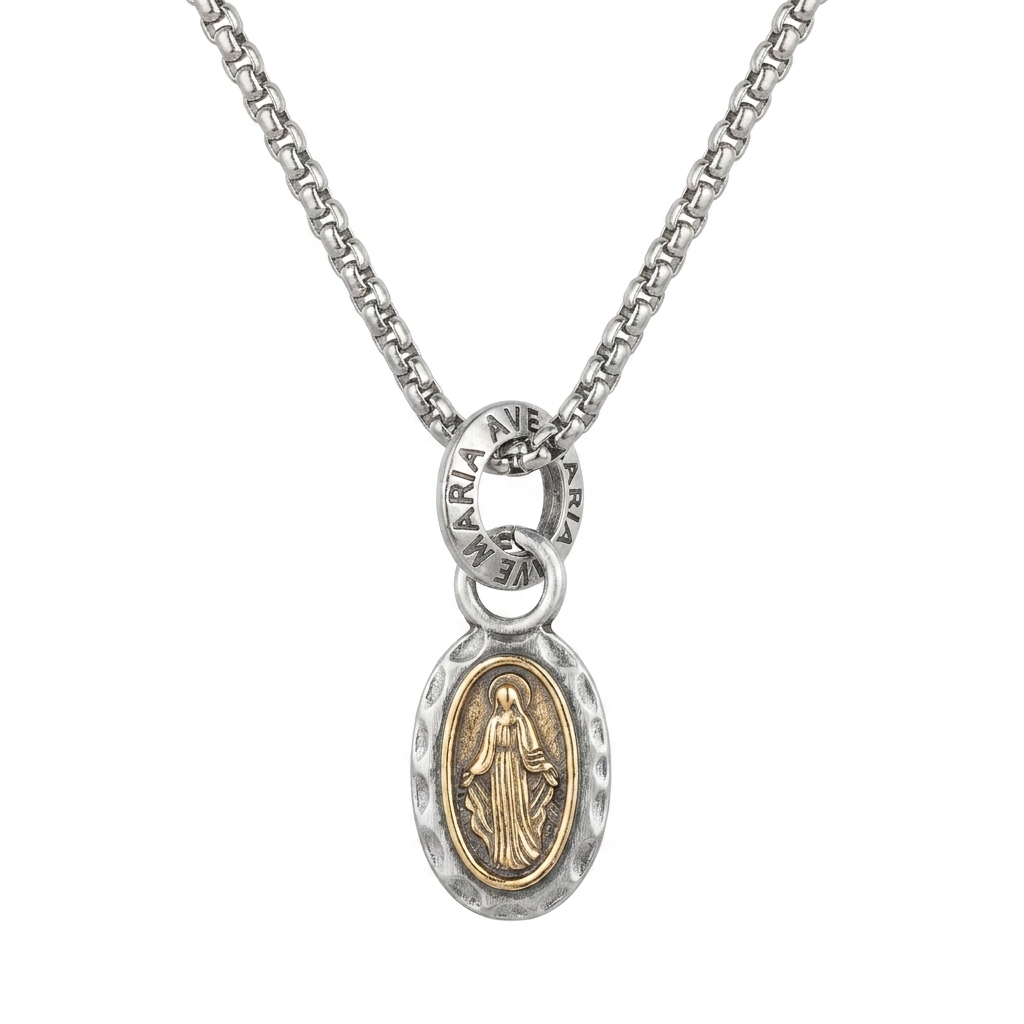 Silver-plated Catholic medal pendant necklace with the image of Mary