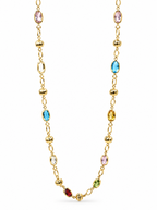 Gemstone station necklace with pink, blue topaz, citrine, quartz, garnet and peridot stones