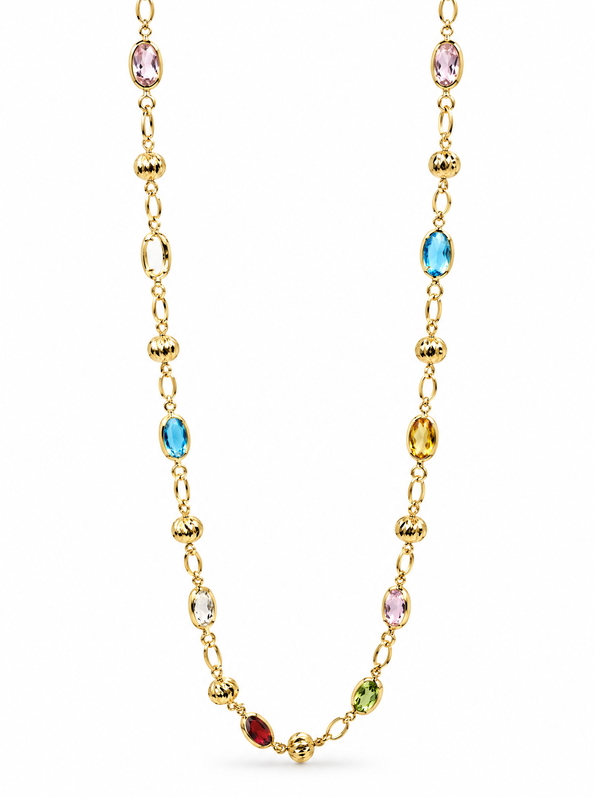 Gemstone station necklace with pink, blue topaz, citrine, quartz, garnet and peridot stones