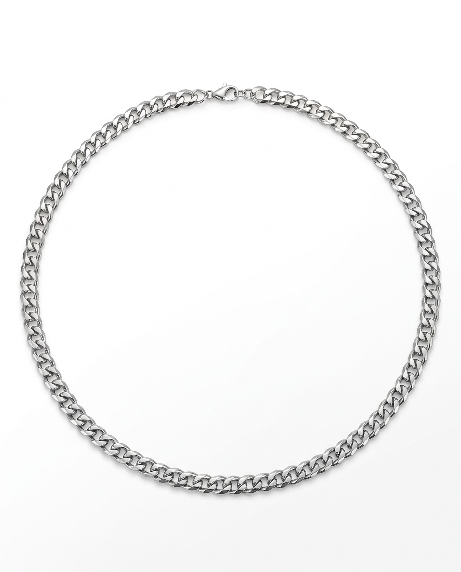 Silver Cuban link chain necklace in polished stainless steel