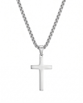 Polished stainless steel cross pendant necklace on a white background