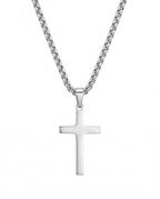 Polished stainless steel cross pendant necklace on a white background