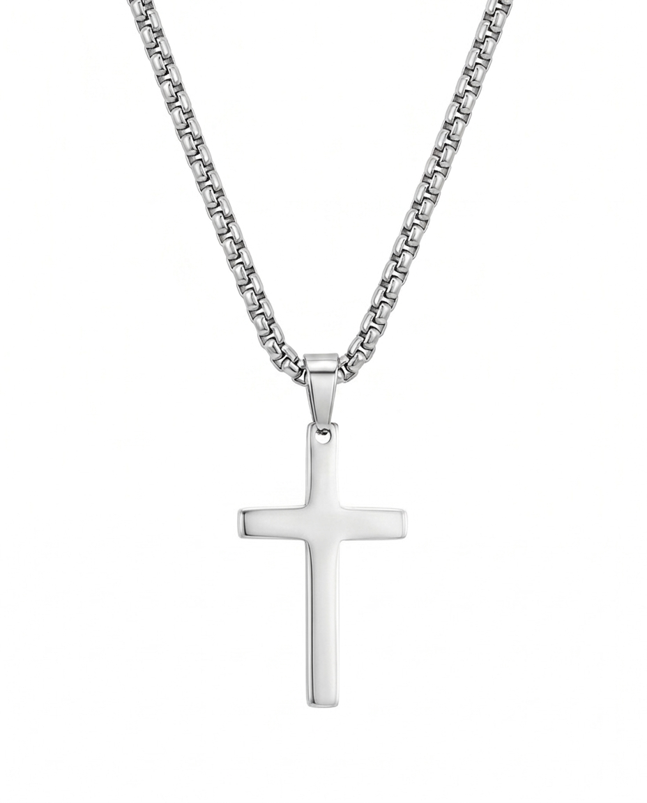 Polished stainless steel cross pendant necklace on a white background