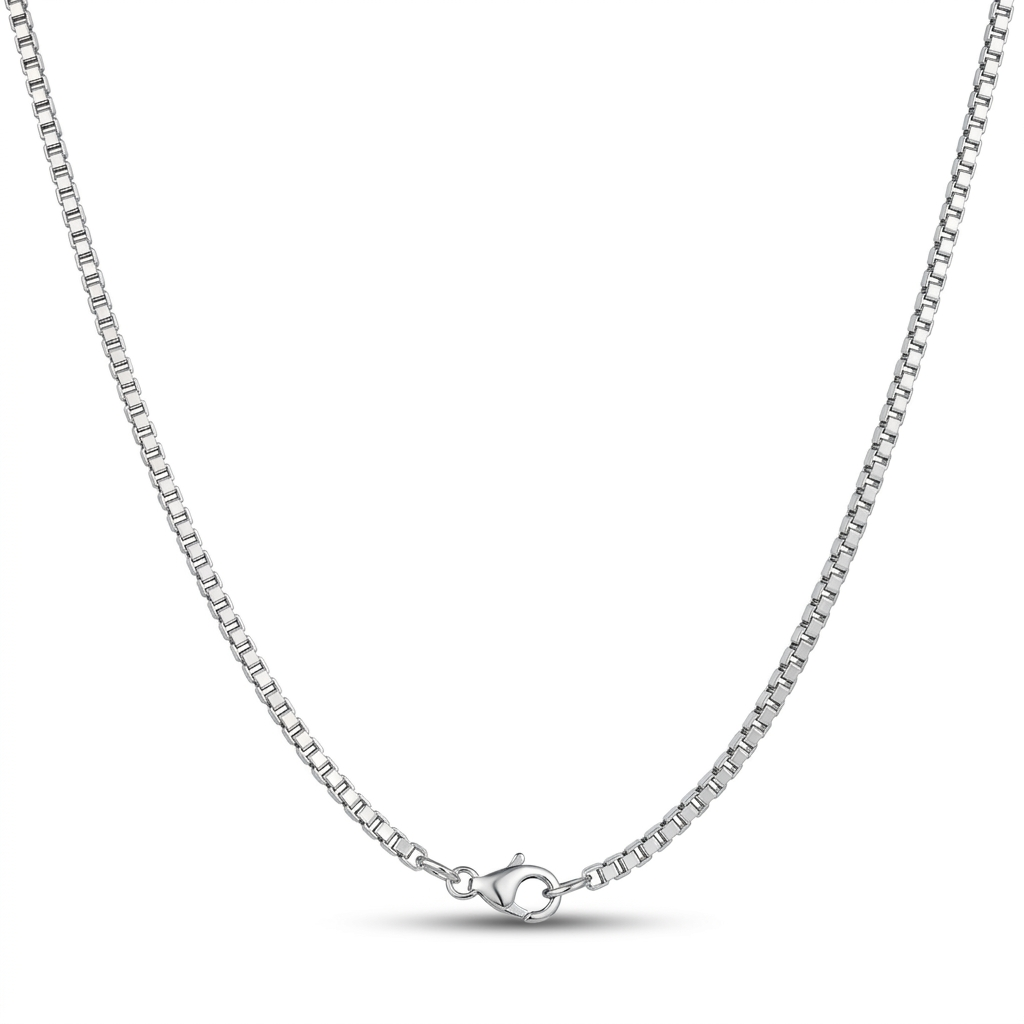 Silver box chain necklace laid flat on a white background