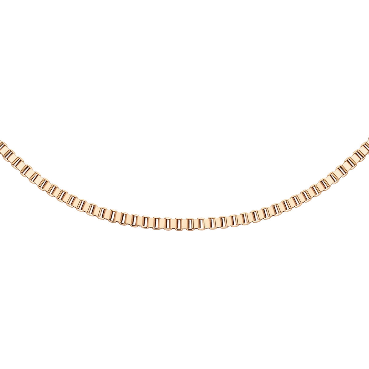 Gold box chain necklace showing the square link pattern