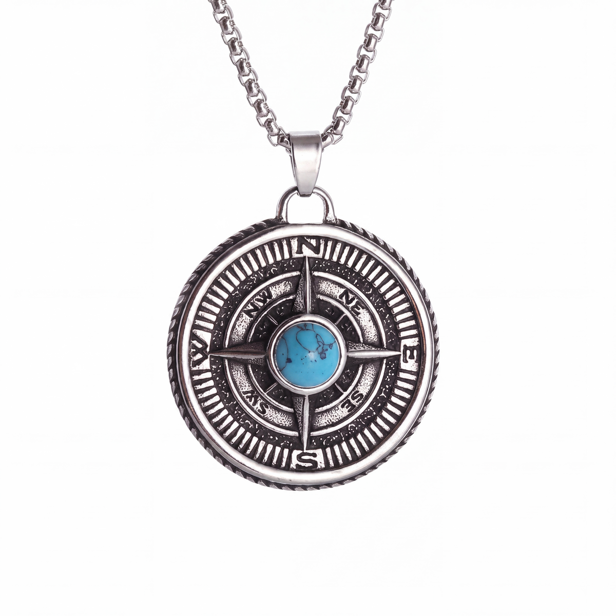 Turquoise compass pendant necklace in silver on a white background