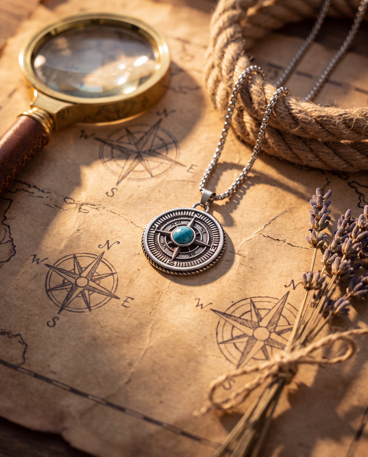 Turquoise compass pendant necklace laid flat, showing the rolo-link chain
